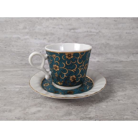 Unmarked Other - Vintage Turquoise & Gold Floral Coffee/Tea Cup & Saucer